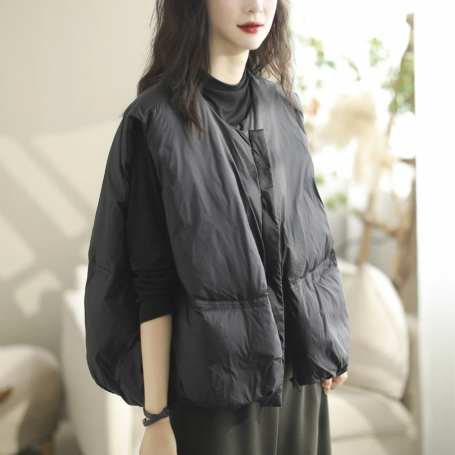 سترة نسائية دافئة بدون أكمام، كاجوال، فضفاض، رقبة دائرية، بطة بيضاء أسفل، قميص داخلي بسيط، طبقات، شتاء JJ1123 #2