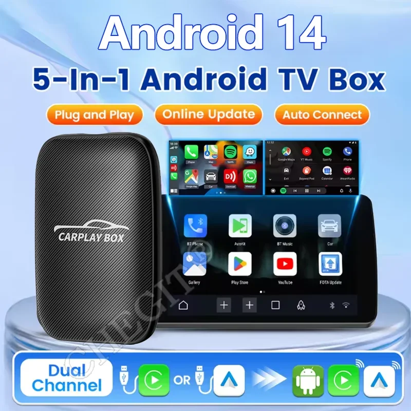 

5-в-1 Android 14 Carplay Ai Box Android Auto Беспроводной адаптер Carplay Carplay Автоматическое подключение для YouTube Netflix