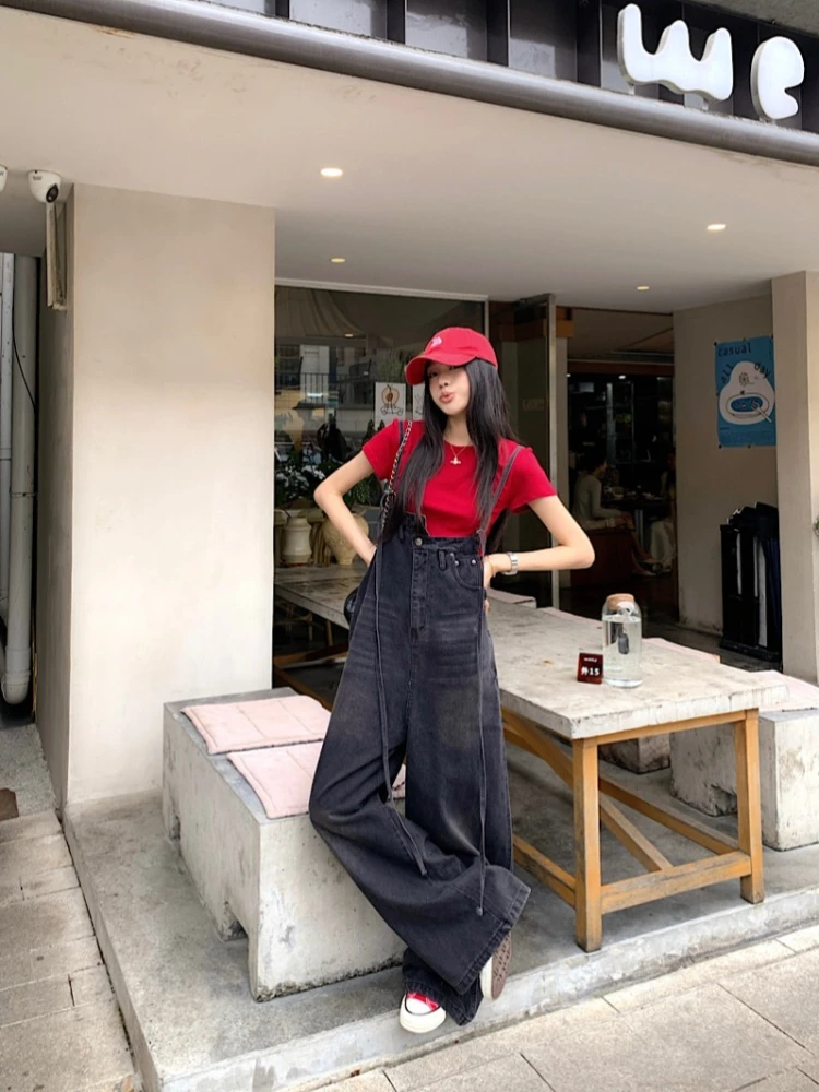 

Red Short Sleeve Simple T-shirt Black Grey Cowboy Strap Pants Jumpsuit Women's Summer Age Reducing Casual Two Piece Set