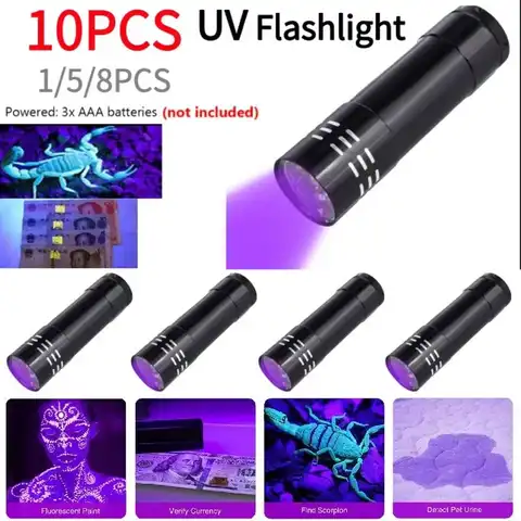5-10PCS 9 LED UV Flashlight UV Black Light Mini UV Light Torch 50LM 395nm Detector Lamp Portable Lighting Tools for Hiking