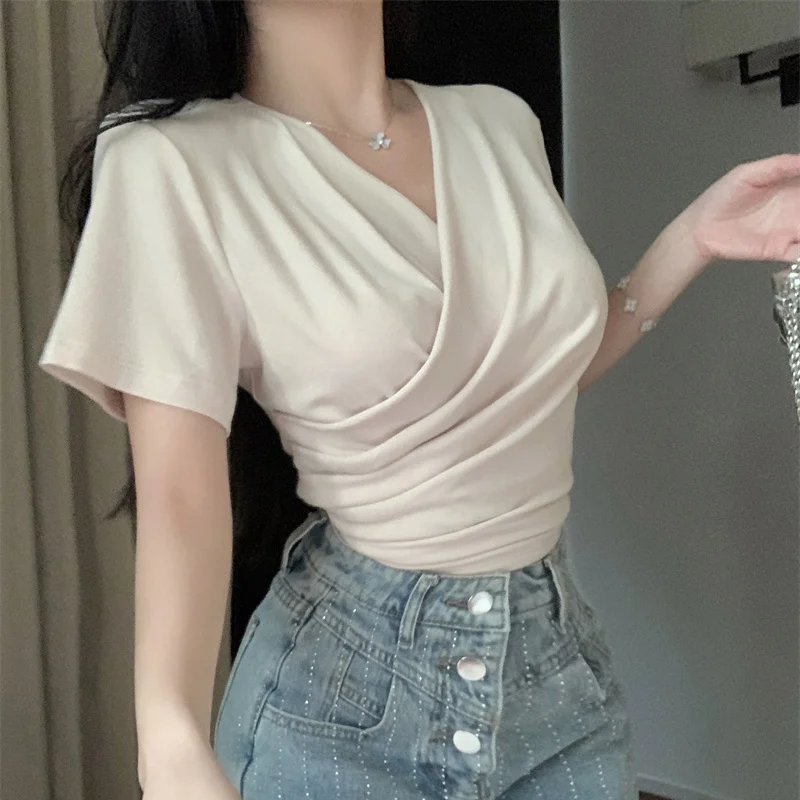 Pure Desire Wind Cross V-neck Shoulder Women's 2024 Summer Spliced Folds Fashion Solid Color Waist Slim Casual Short Sleeve Top