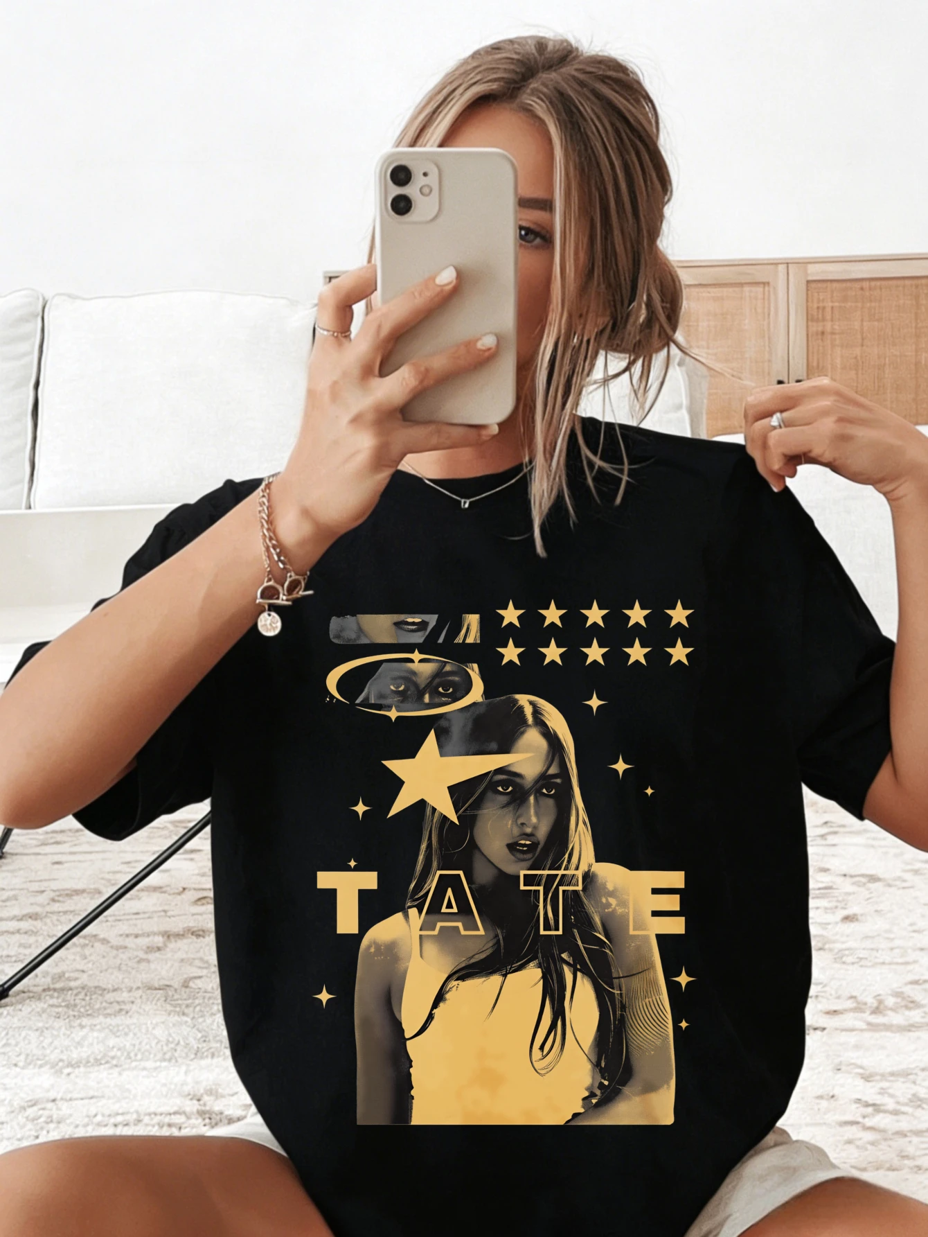 Womens Oversized Cotton TATE Printed Graphic Streetwear T Shirt Summer Casual Short Sleeve Tees for Women