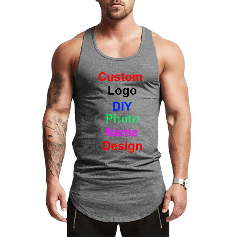 DIY Customized Your OWN Design Brand Logo Mens Cotton Gym Tank Top Bodybuilding Sleeveless Shirt Fitness Clothing