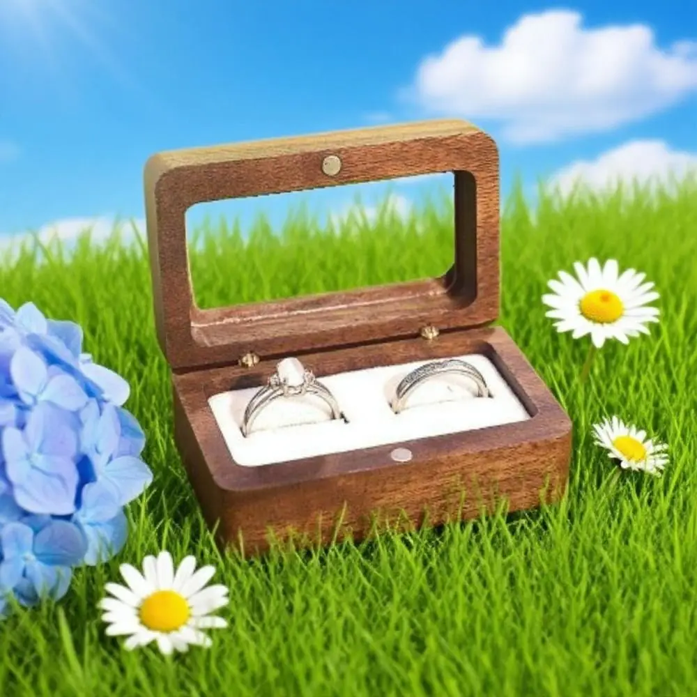 Double Slot Wooden Ring Box Rectangular Opening Window Black Walnut Cufflinks Box Dustproof Exquisite Jewelry Ring Holder