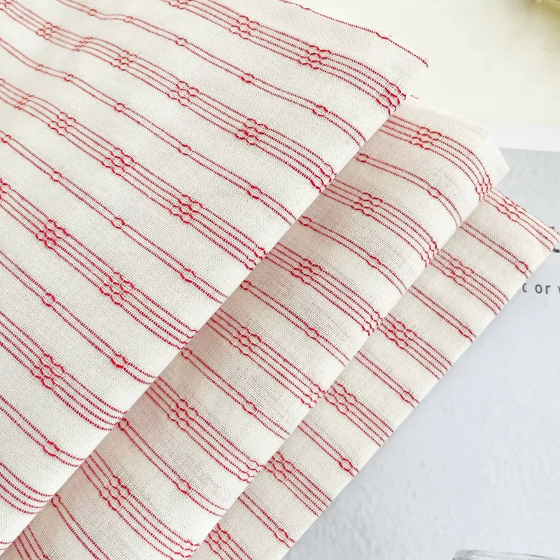 Polyester cotton material, white pink stripe pattern DIY sewing fabric