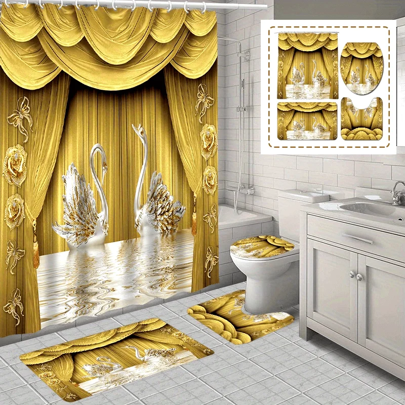 1/4pcs Golden Floral Swan Printed Shower Curtain Set - Waterproof Bathroom Partition Curtain with Hooks, Non-Slip Bath Rug, and