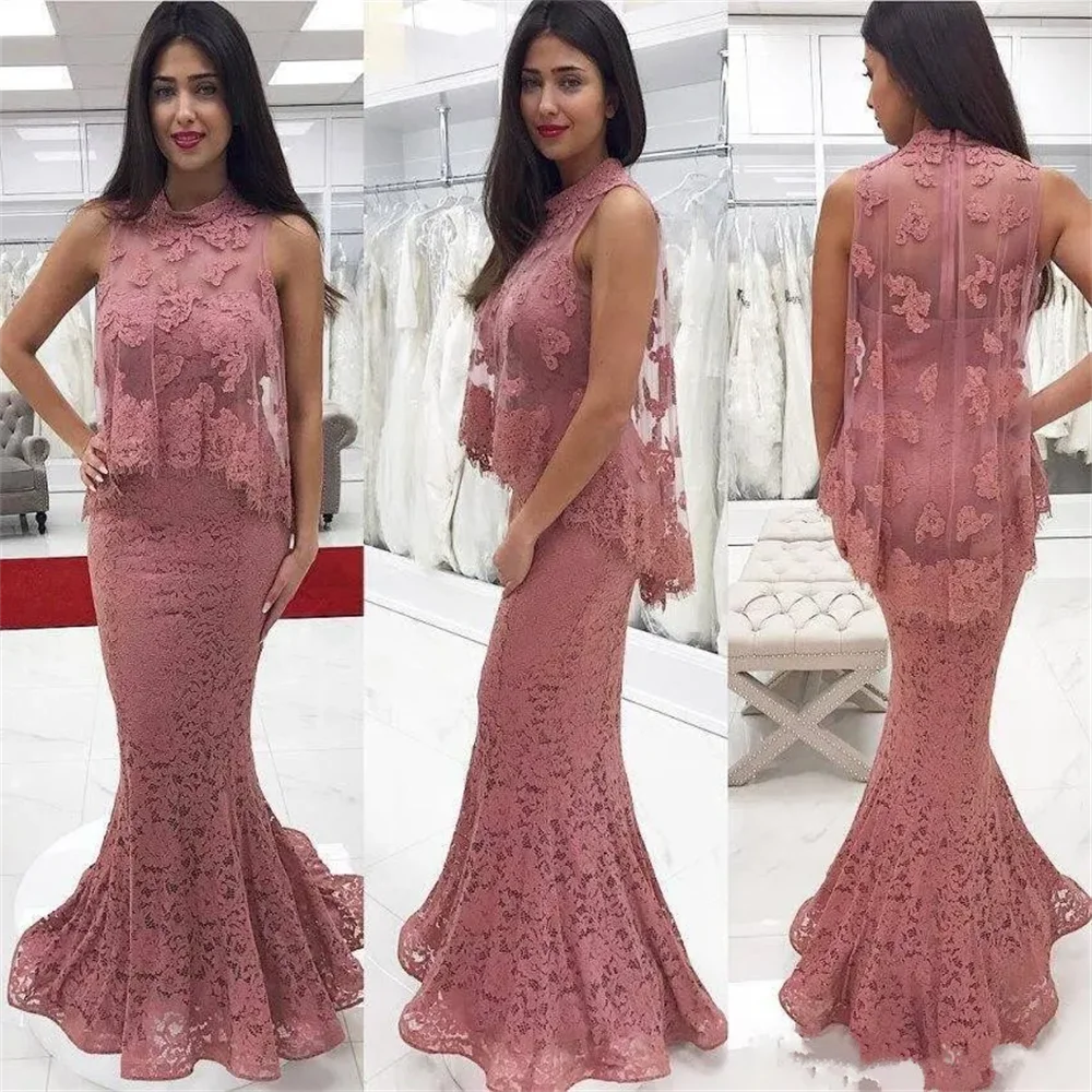 

Pink Lace Appliqued Mermaid Evening Dresses High Neck Formal Dress With Sheer Capes Sheath Prom Dress