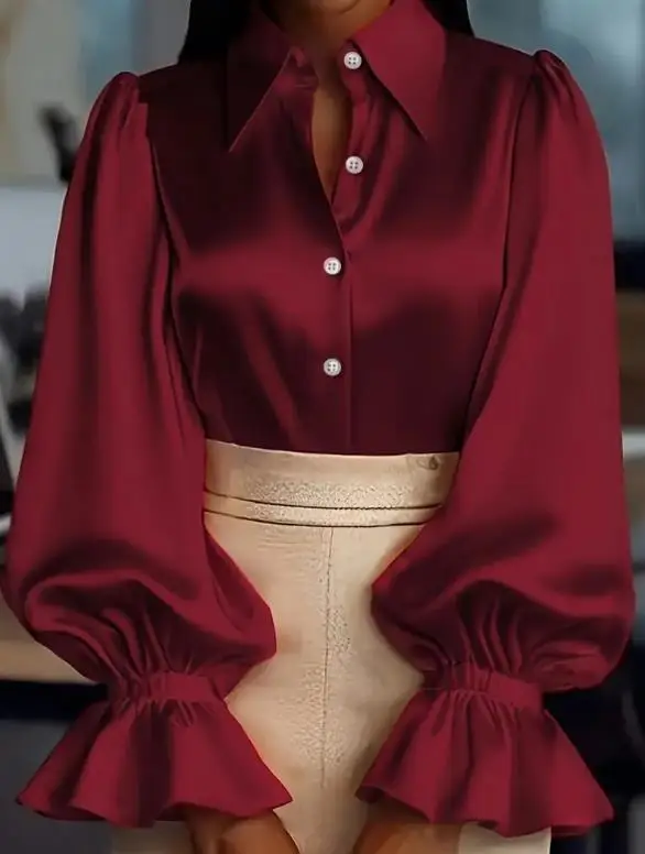 

2025 New Style Commuter Solid Color Bubble Sleeves Long Sleeve Collar Satin Shirt Women's Wear