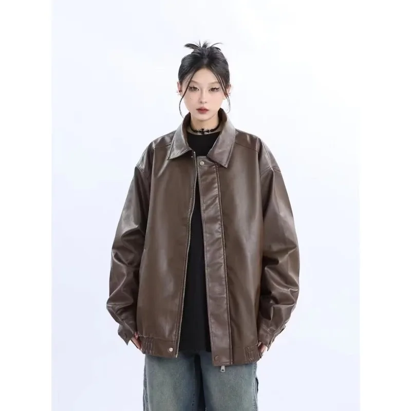 Women's Jacket Loose Long Sleeves Brown Lapels Zipper Leather Jacket Autumn Winter Casual Tops Black PU Leather Motorcycle Coat