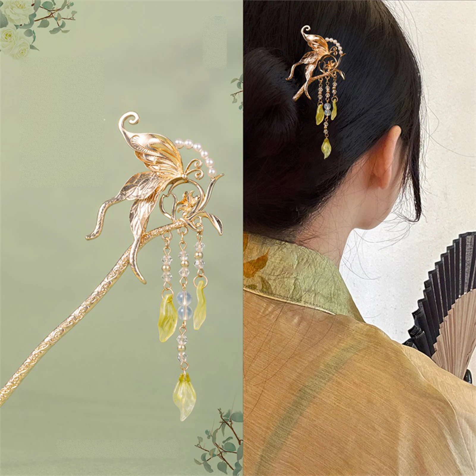 Antique Hairpin Butterfly Glass Hair Stick Retro Style Hair Chignon With Tassel For Women Chinese Hanfu Hair Accessories Jewelry