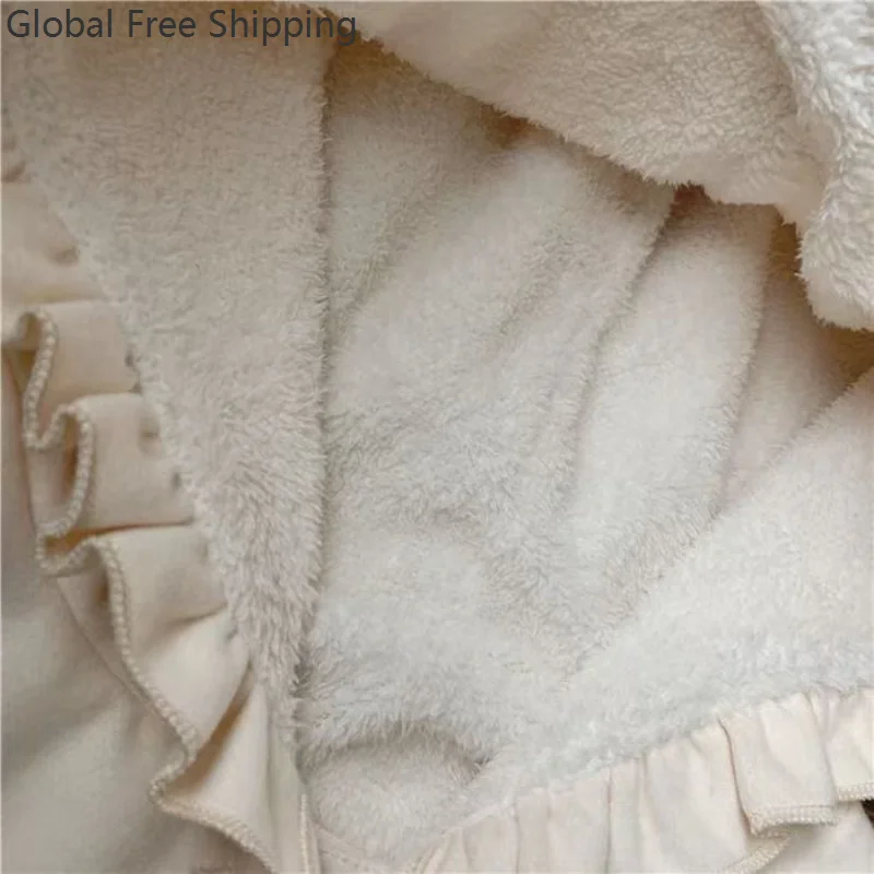 Cute Girl Short Jacket Autumn Winter Plush Hooded Student Cosplay Lolita Sweet Ruffled Open-front Long Sleeve Sweatshirt Coat