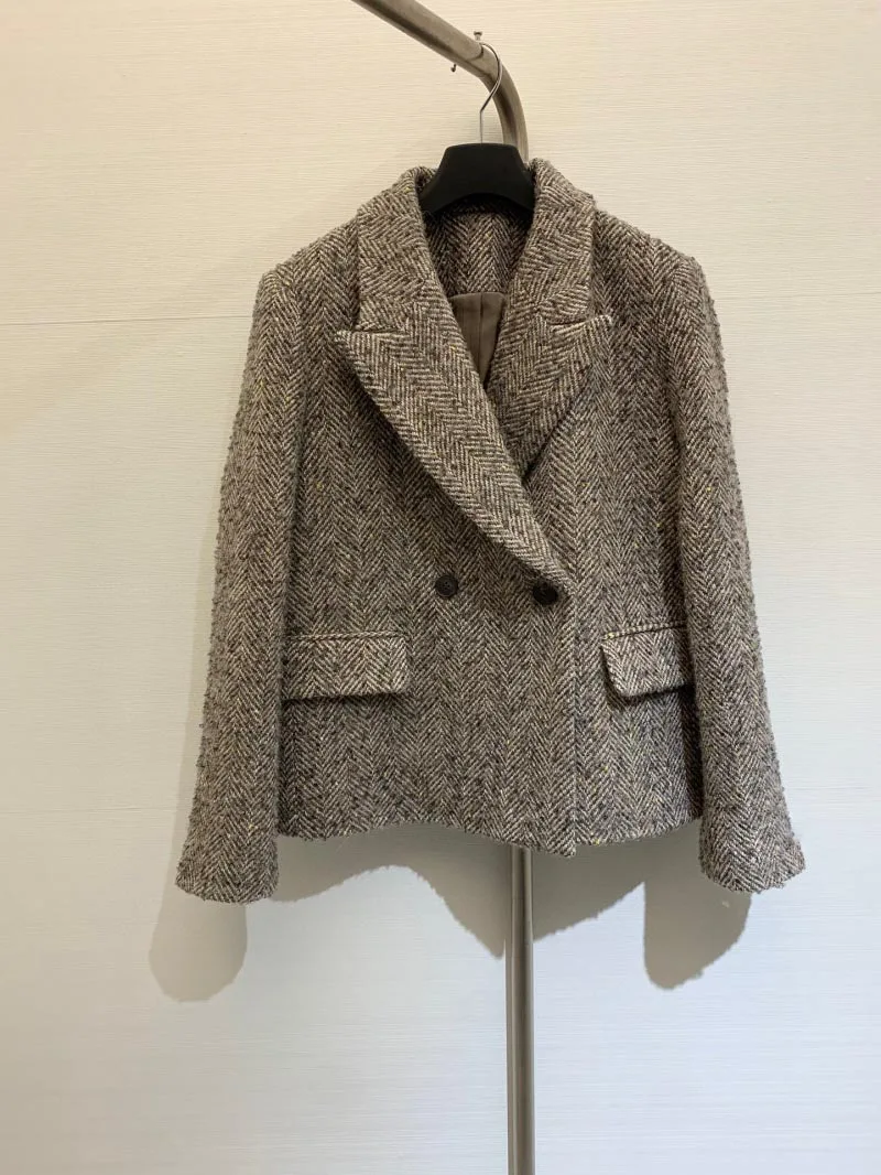 2024 New Autumn/Winter Women's Jacket Wool Coat Long Sleeve Short Coat Floral Coat Women's Fashion Loose Herringbone Pattern Coa