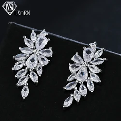 LXOEN Classic Flower Shiny Bright Cubic Zirconia Stud Earrings for Women Silver Color Big Stud Earings Wedding Jewelry Gift