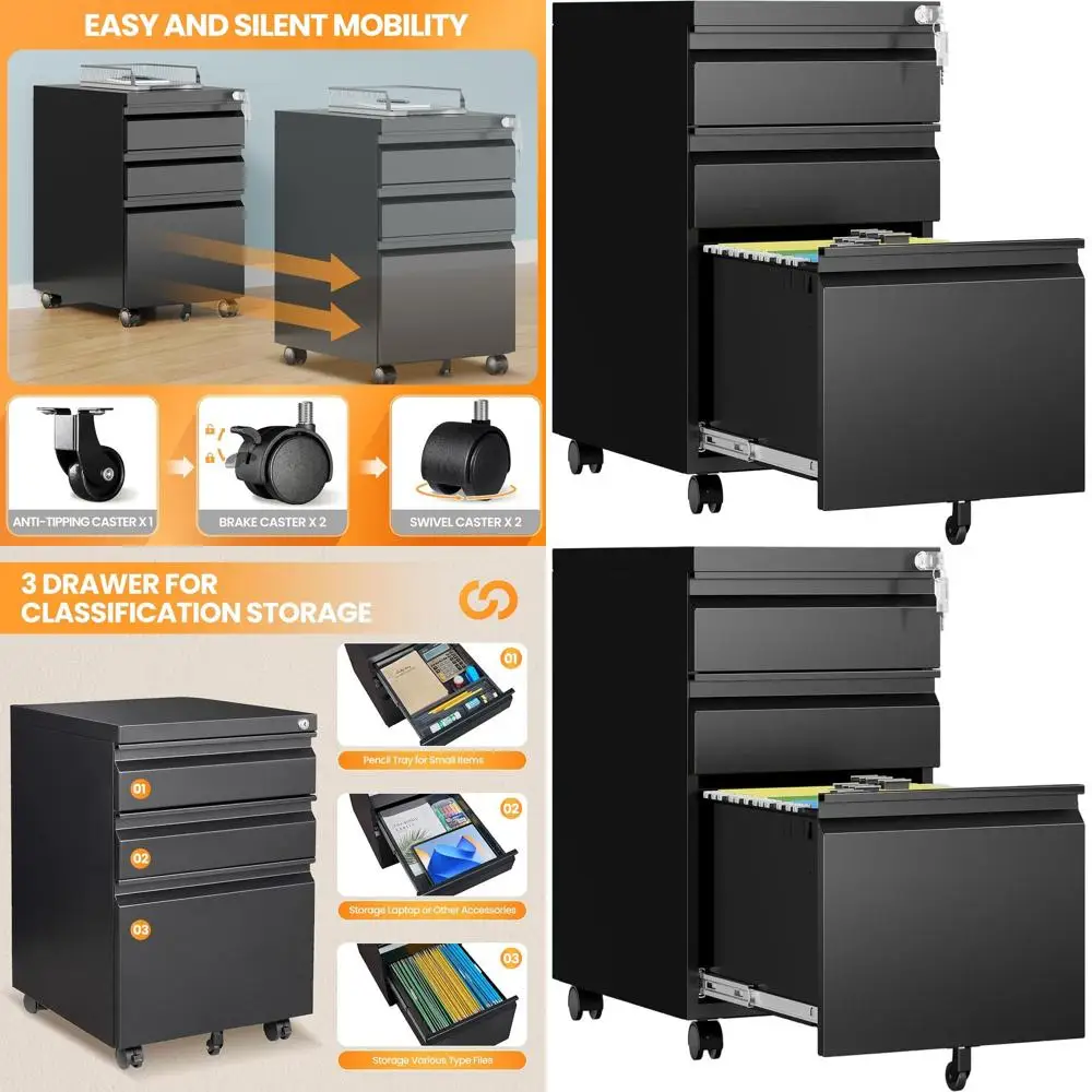 

Компактный шкаф для документов на колесиках с 3 выдвижными ящиками и замком для домашнего офиса, подходит для документов формата Legal/Letter/A4, черный - требуется сборка