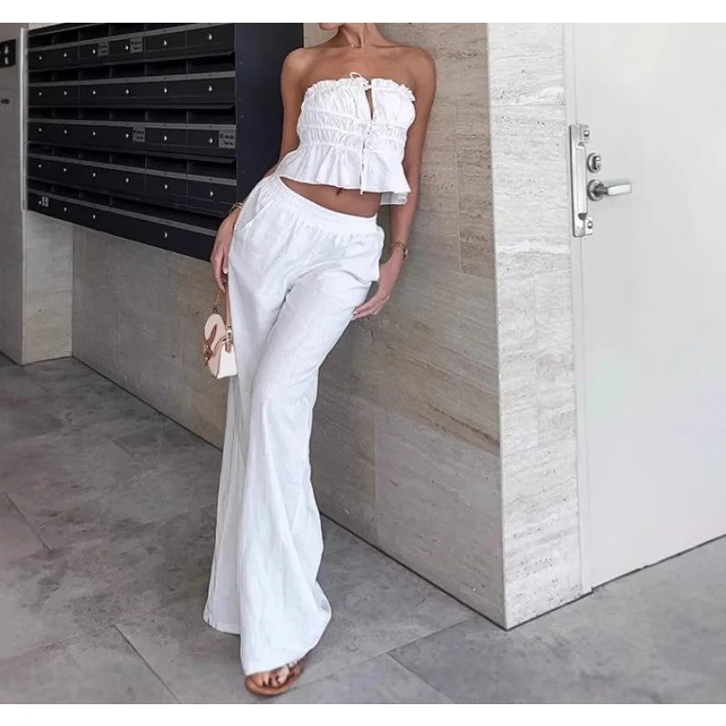 

2026 Spice Girl White Cotton and Linen Tube Top Trousers Two-piece Summer Casual Suit