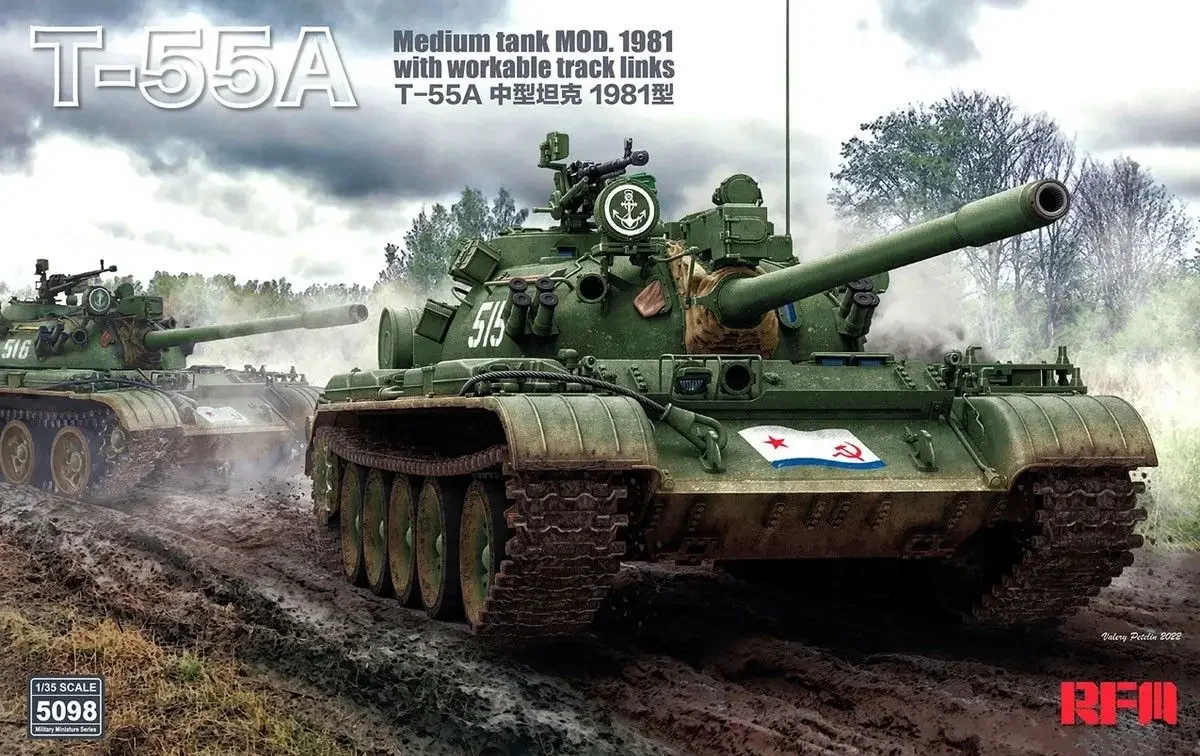 RYEFIELD MODEL RM-5098 1/35 T-55A Medium Tank Mod. 1981 w/Workable Track Links - Scale Model Kit