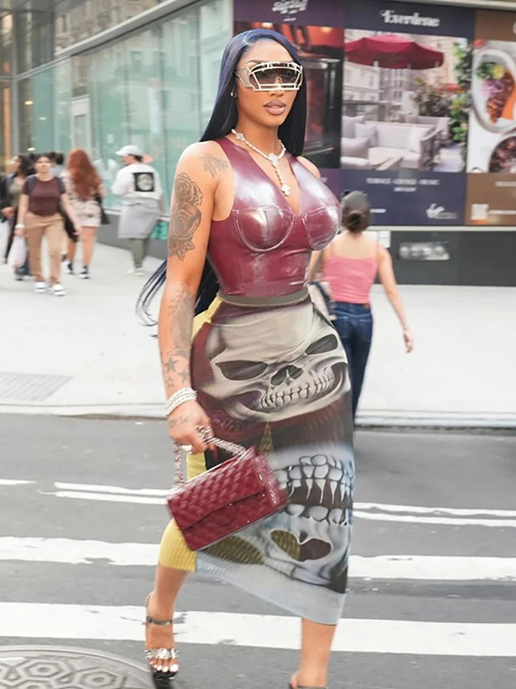 

kliou Unique Print Women Maxi Skirts Trend Attractive Elastic High Waist Straight Slim Bottoms Mujer Thin Sheer Street Clothing