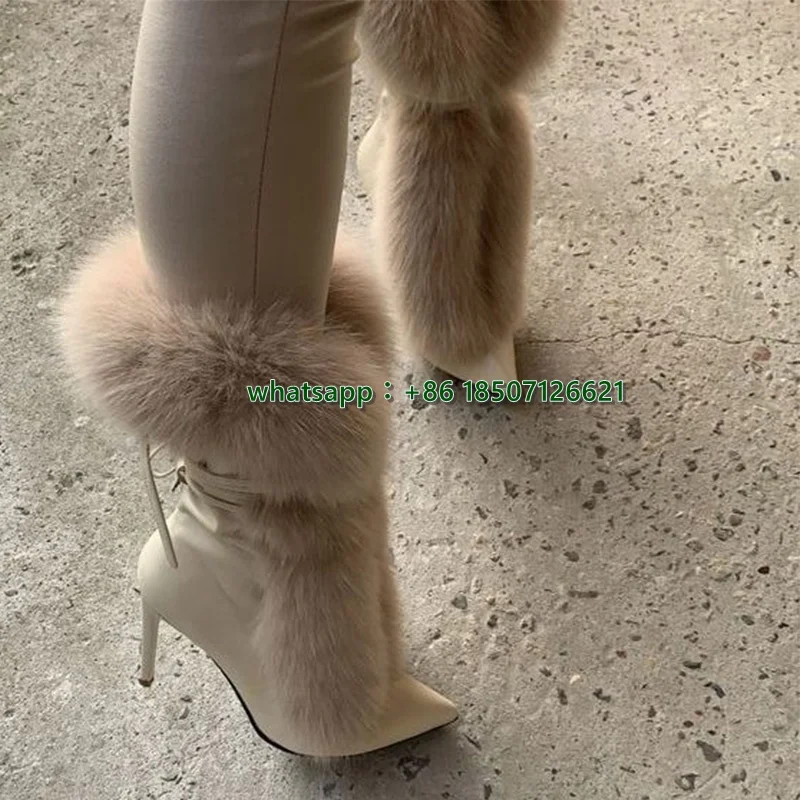 Fur Stitching Cross Strap Calf Boots Leather Warm Versatile Mid-Calf Boots Women's Boots