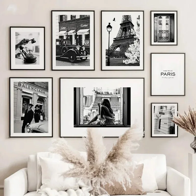 Modern Pop Wall Art Paris Fashion Tower Vintage Girl Black and White HD Canvas Print Poster Home Living Room Bedroom Decoration