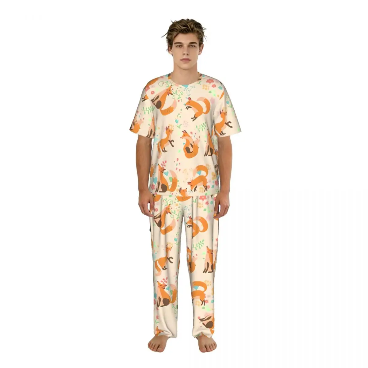 

Men Pajamas Suit Short Sleeved Long Pants Cute Fox Sleepwear Summer Home Clothing Set