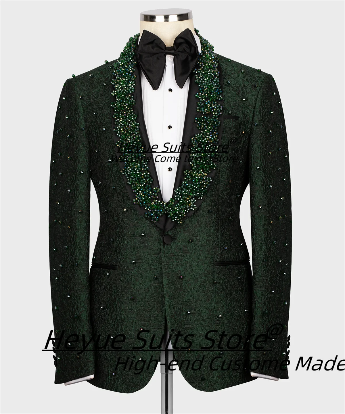 

Fashion Green Jacquard Groom Wedding Tuxedos Customized Slim Shawl Lapel Men Suits Shiny Bead embroidery 2 Pcs Sets Ropa Hombre
