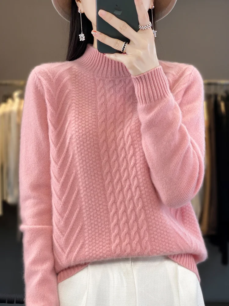 Women Sweater For Winter 100% Merino Wool Mock Neck Thick Warm Pullover Twist Flower Long Sleeve Cashmere Knit Korean Fashion