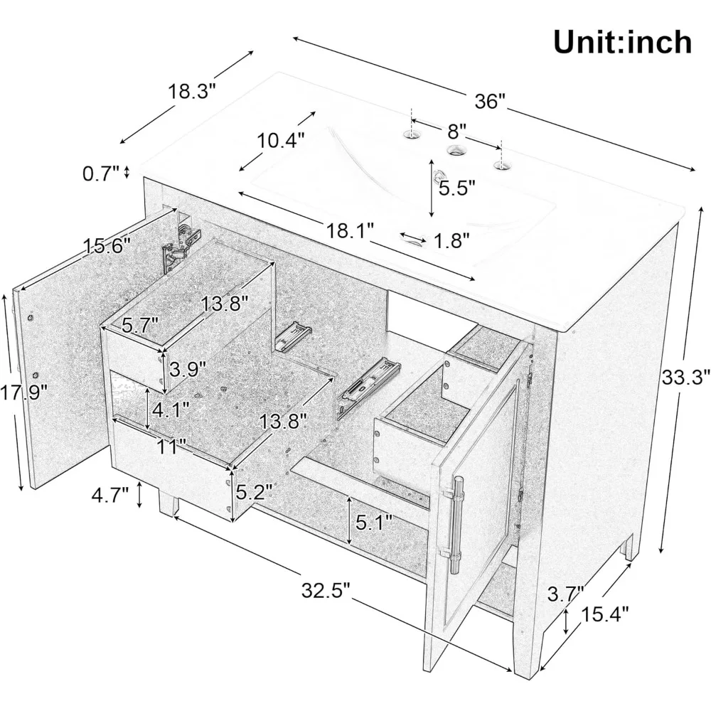 Tocador de baño de 36 pulgadas con lavabo de cerámica bajo montaje, dos cajones de entrada/salida, puertas de cierre suave, tablero de marco de madera maciza, negro