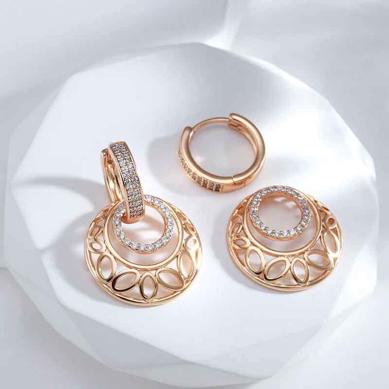 Kinel Luxury 585 Rose Gold Dangle Earrings for Women Unusual Metal Sculpture Flower Natural Zircon Wedding Fine Daily Jewelry