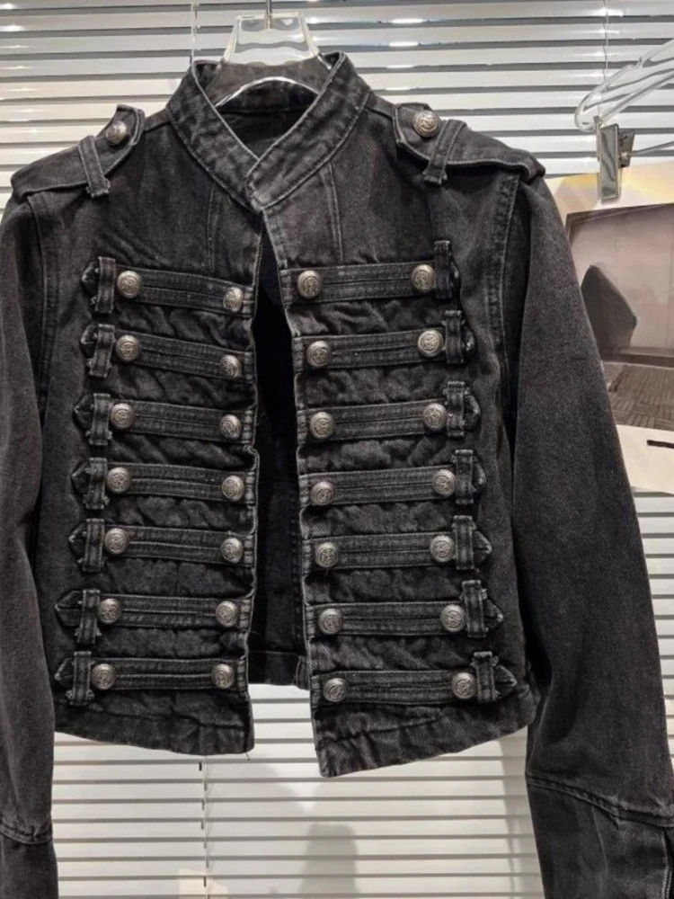 American Vintage Long Sleeve Cropped Denim Jacket Stand Collar Metal Double Breasted Denim Coat Bodycon Button Patchwork 2026 view 4