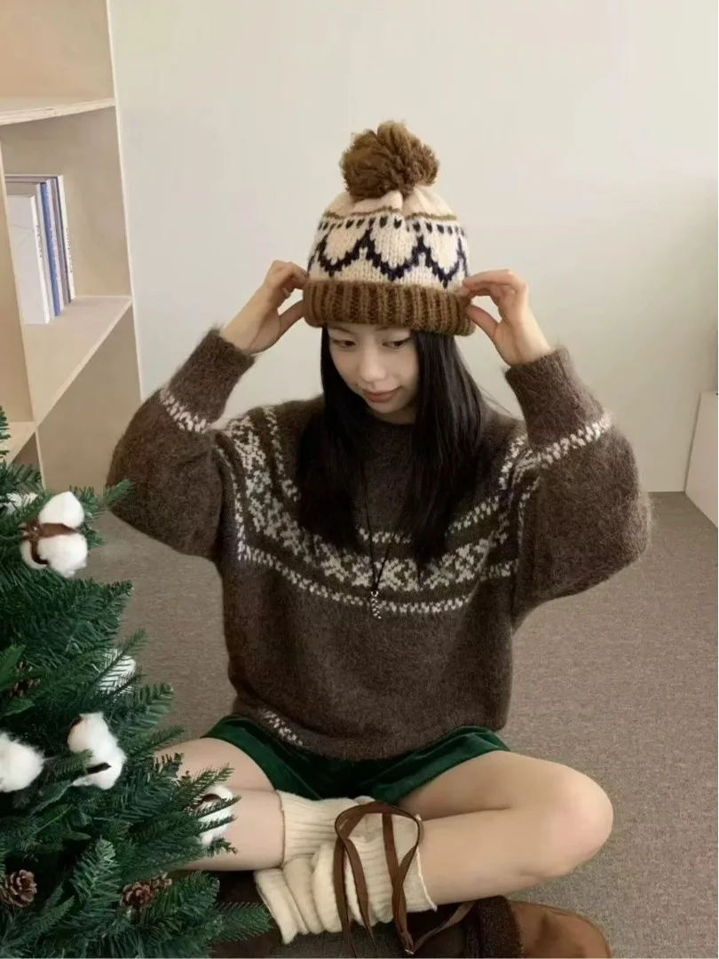 Cisas Island – pull en tricot pour femme, Vintage, Fair Isle, broderie ronde, doux et confortable, pour petite Stature, automne hiver