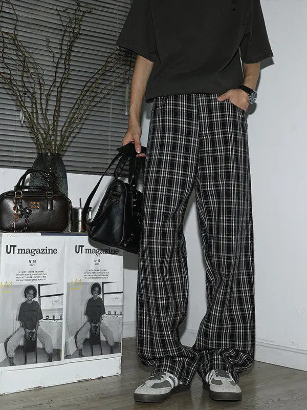 

Bla White Contrast Color Plaid Men's Jeans Unique Sle Straight Leg Micro Flared Pants Cotton Blend Wear Resistant