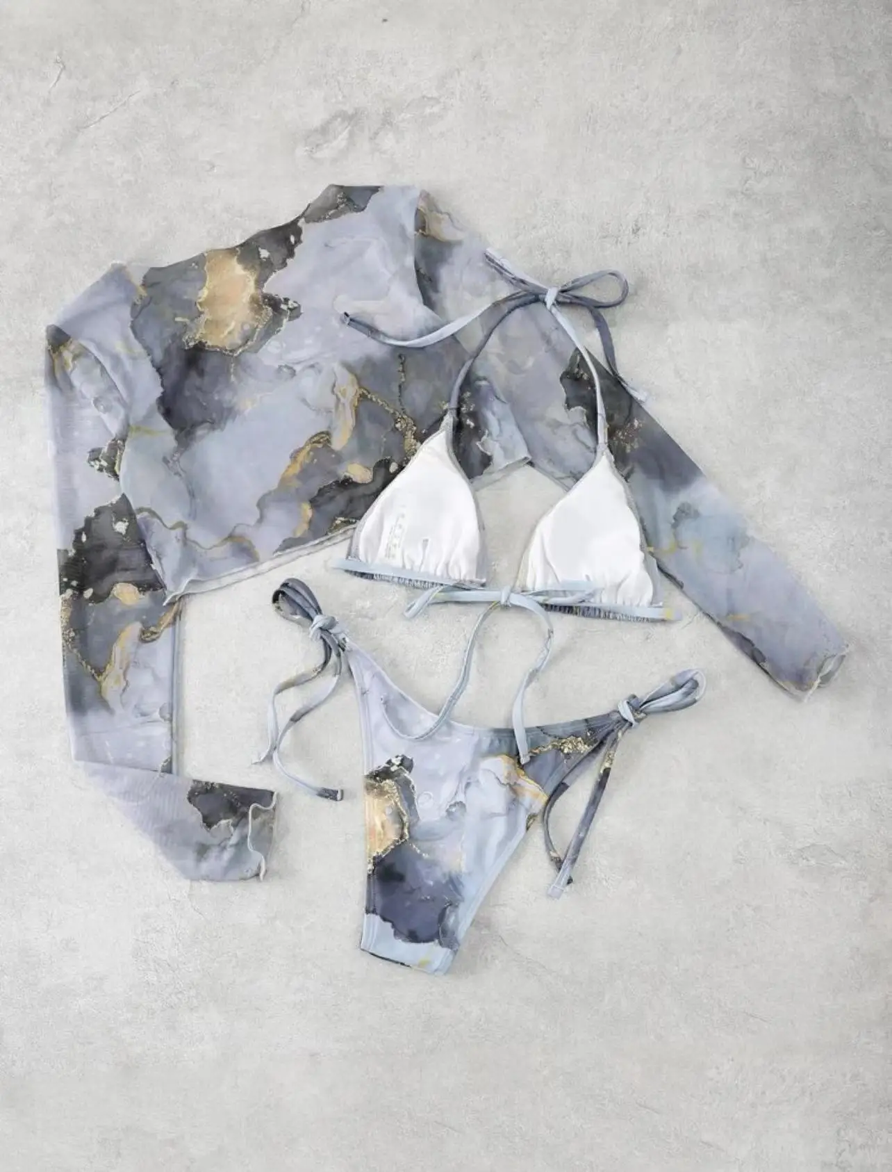 Bikini estampado de 3 piezas para mujer, traje de baño con Top de manga larga, ropa de playa para mujer, traje de baño 2024