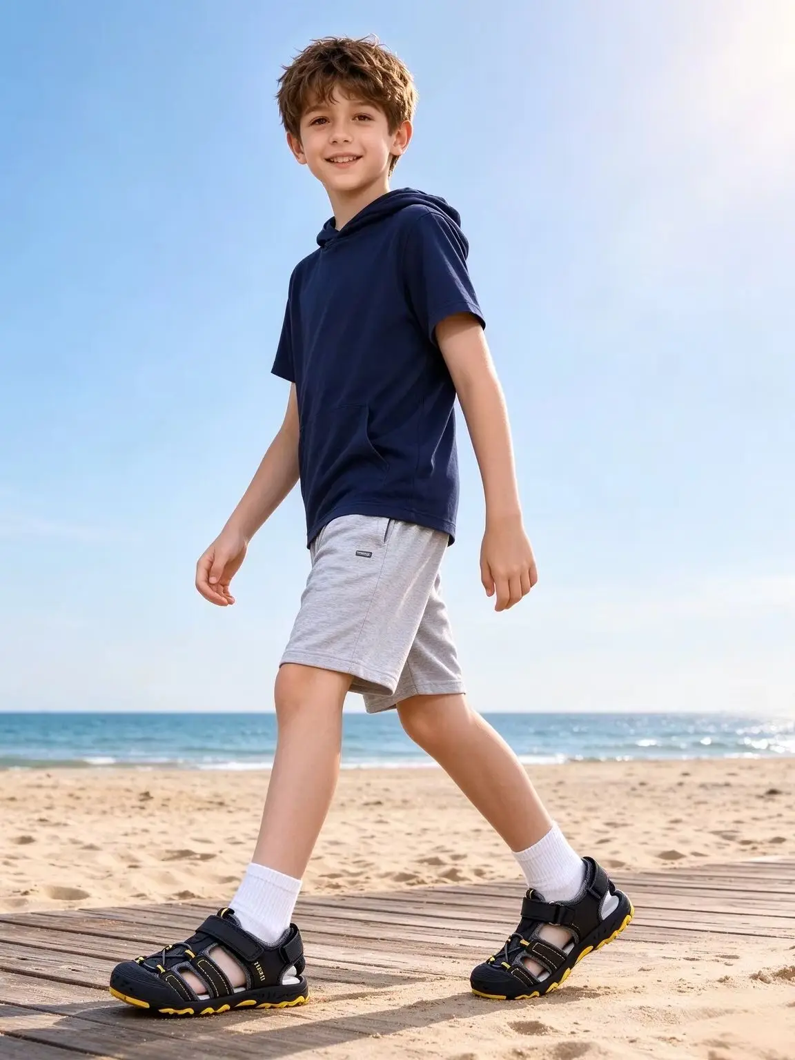 Boys Closed Toe Hook & Loop Sandals, Breathable PU Leather, Shock-resistant Soft Sole, Trendy Color Block Sport Sandals