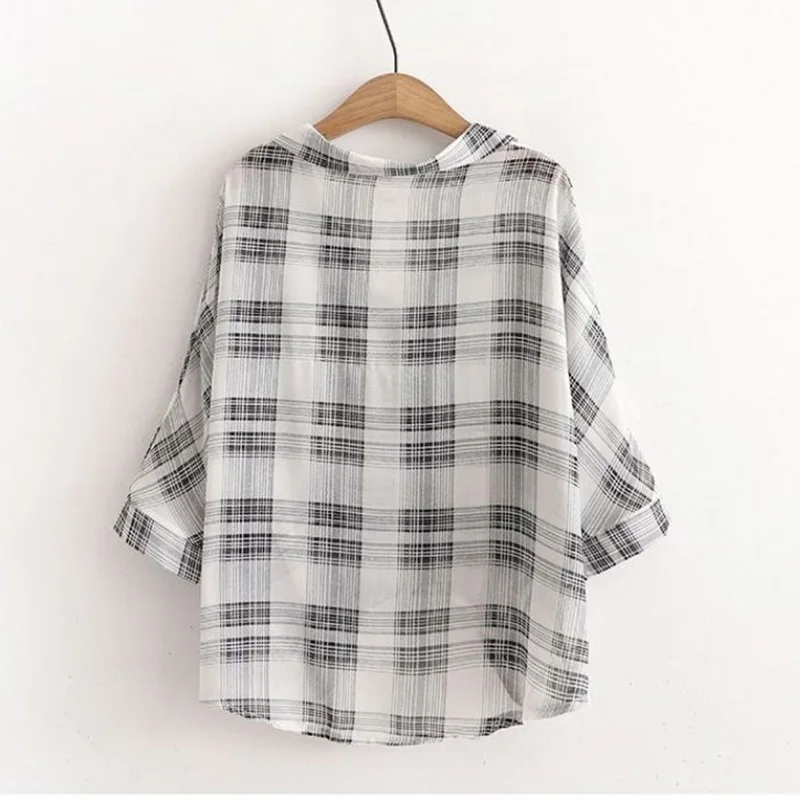 Striped Plaid Vintage Polo Neck Shirt Loose Black Vest Two Piece Set Women\'s Blouse Shirt Korean Fashion Female Clothing Tops