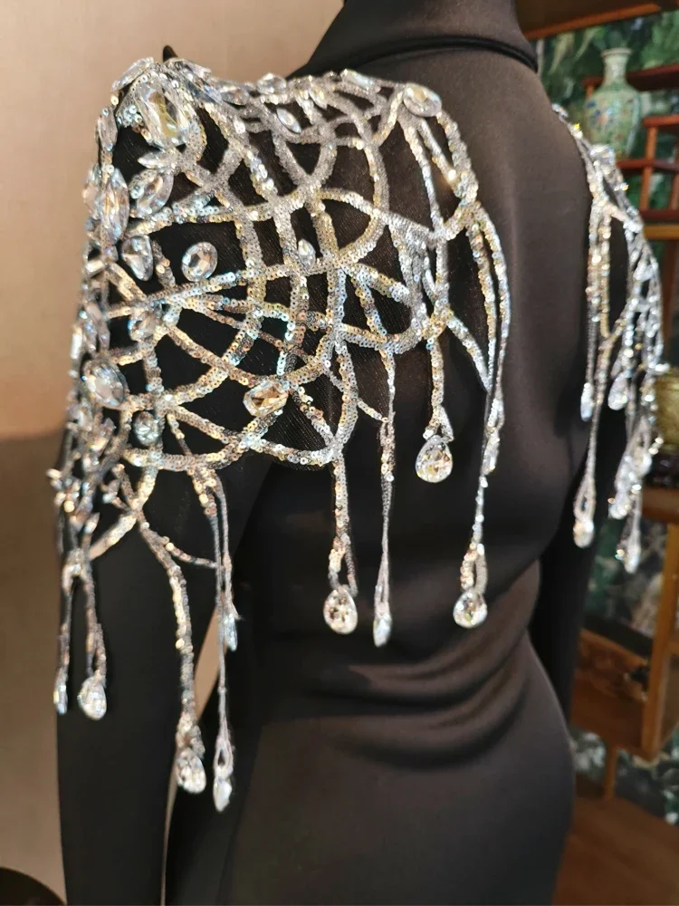 Traje negro de diamantes para mujer, chaqueta ajustada para cantante, vestido de espectáculo de escenario, disfraz de fiesta Drag Queen, regalo de cumpleaños