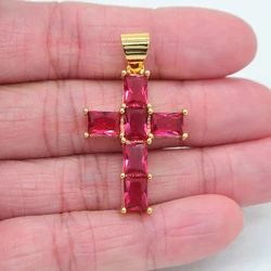 High Quality Rose Red Cubic Zirconia Women Luxury Rectangle Gold Color Cross Pendant Jewelry