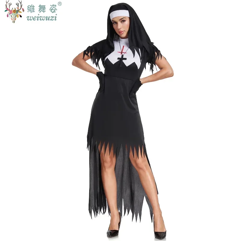 

Halloween Costume Zombie Nun Cosplay Costume Necklace Glove Hat Dress Suit Female Cosplay Party Costume Fancy Scare Terrible