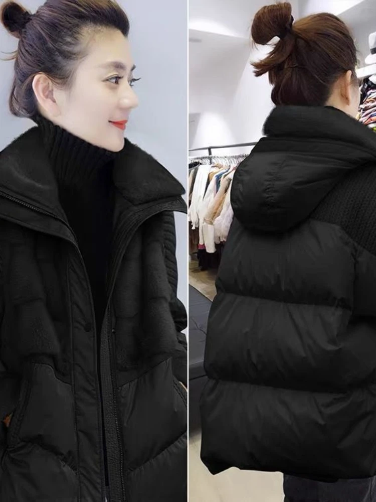 2024 Winter Women Coat  Fashion Knitted Splicing Mink Hair Down Jacket White Duck Down Thicker Warm Hooded Loose Overcoat