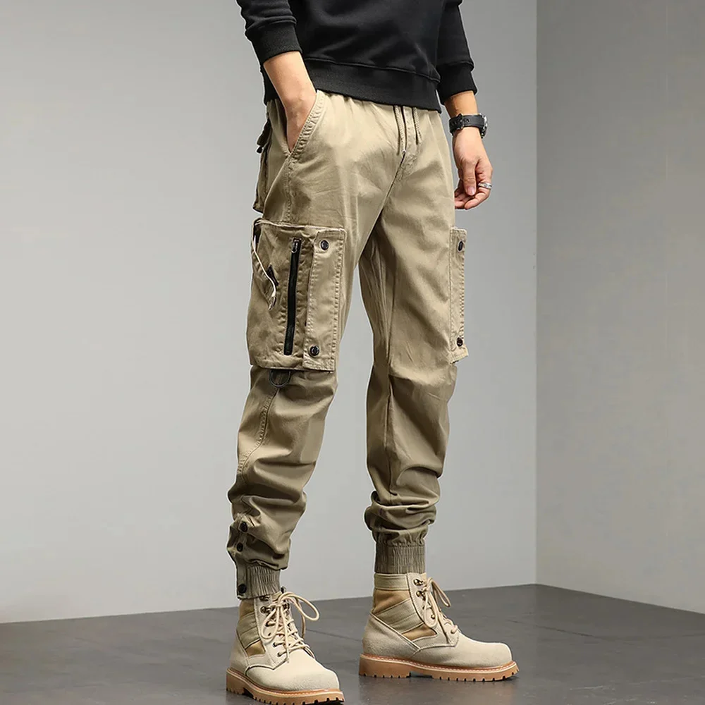 

Cargo Khaki Pants Men Drawstring Ankle Length 9 Part Trousers Streetwear Fashion Cotton Casual Work Military