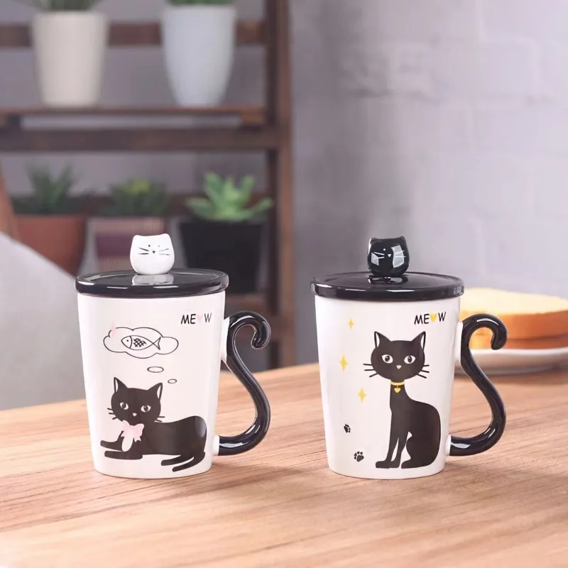 Caneca do casal bonito gato cerâmica café com tampa grande capacidade canecas animais criativo drinkware café chá novidade presentes copo de leite