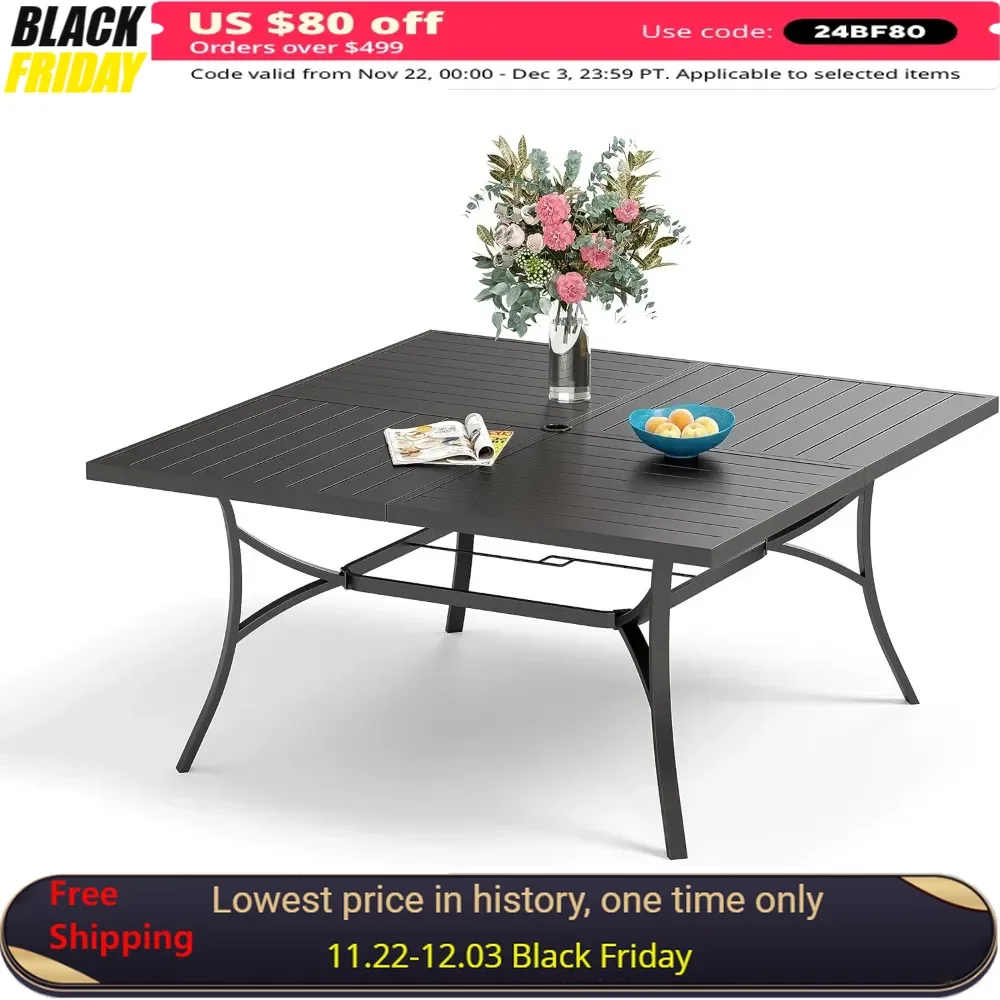 

60" Outdoor Table with 1.9" Adjustable Umbrella Hole, All Weather Wrought Iron Furniture for 8, Large Square Patio Table