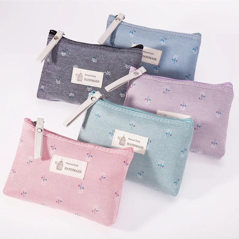 Japanese Korean Style Waterproof Canvas Cosmetic Bag Ins Floral Portable Girls Makeup Pouch Student Stationery Toiletry Bag