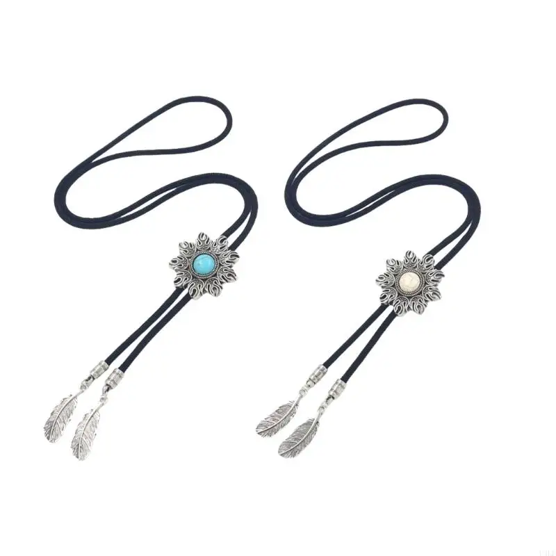 

U4LF Unisex Braided Cord Bolo Tie Necklace with Turquoises Stone Jewelry Necktie for Western Themed Event and Daily Wear