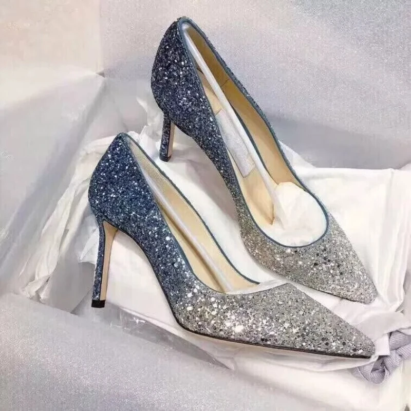 Yuejinlong Pointed Toe Rhinestone Heels Sequin Gradual Color Change Stiletto Pumps for Women