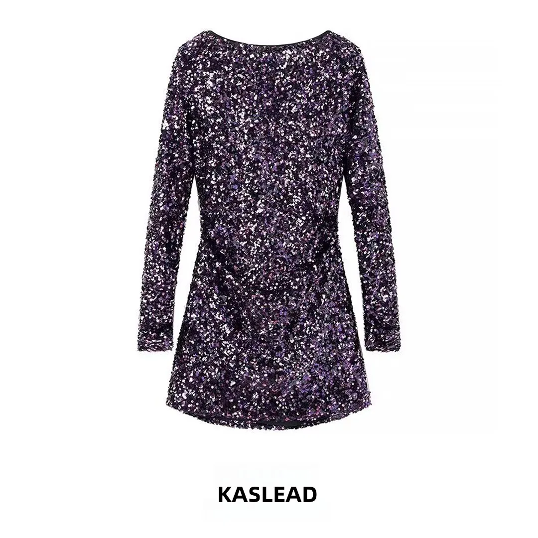 KASLEAD Neue Damen Faion Slim Fit ort Pailletten Dr Bright iny Polyesterfaser Langer Sve Ci Pendler Sle Fairy Rock