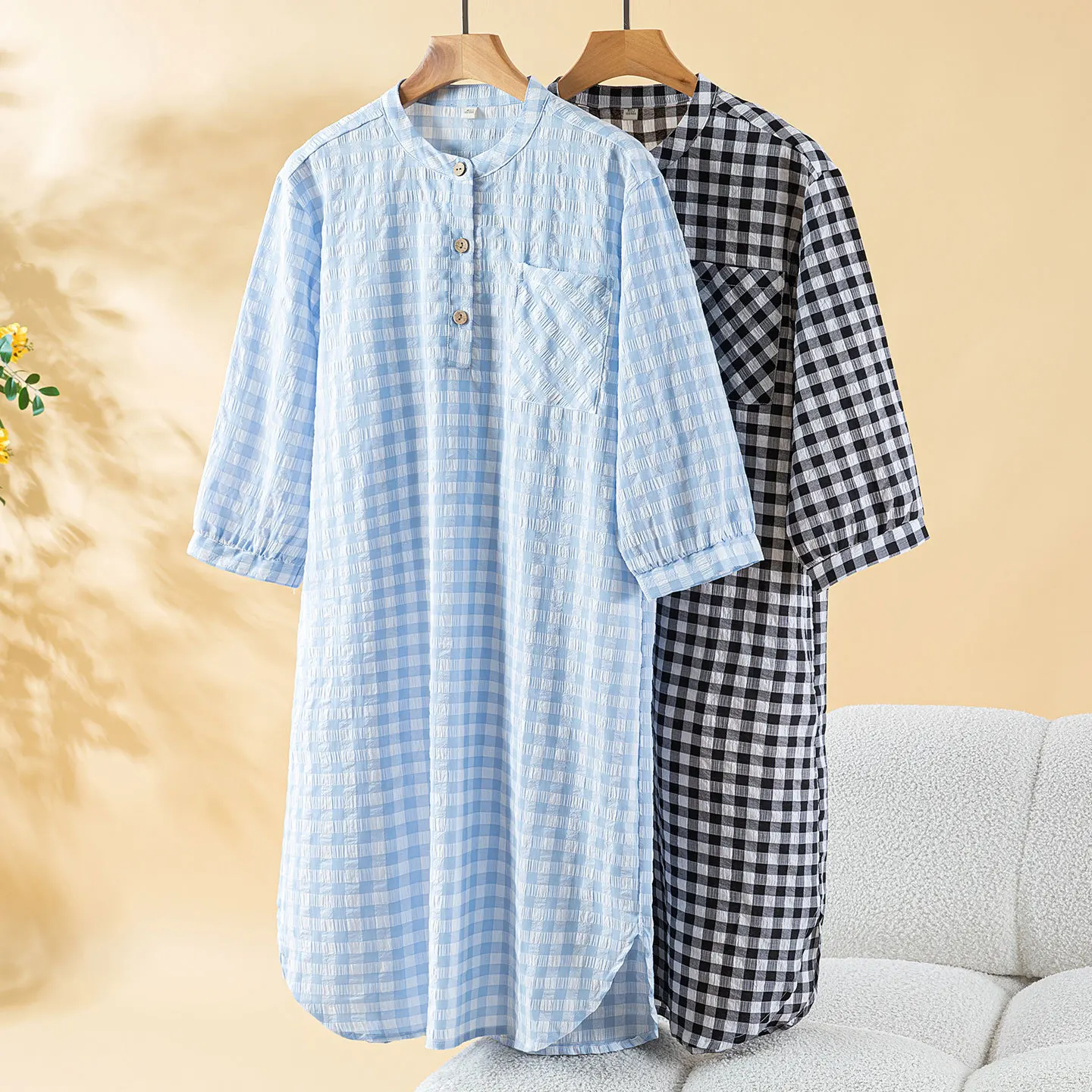 Women's Plaid Print Cotton Half Sleeve Sleeping Dress Home Sleepwear Women Nightgown