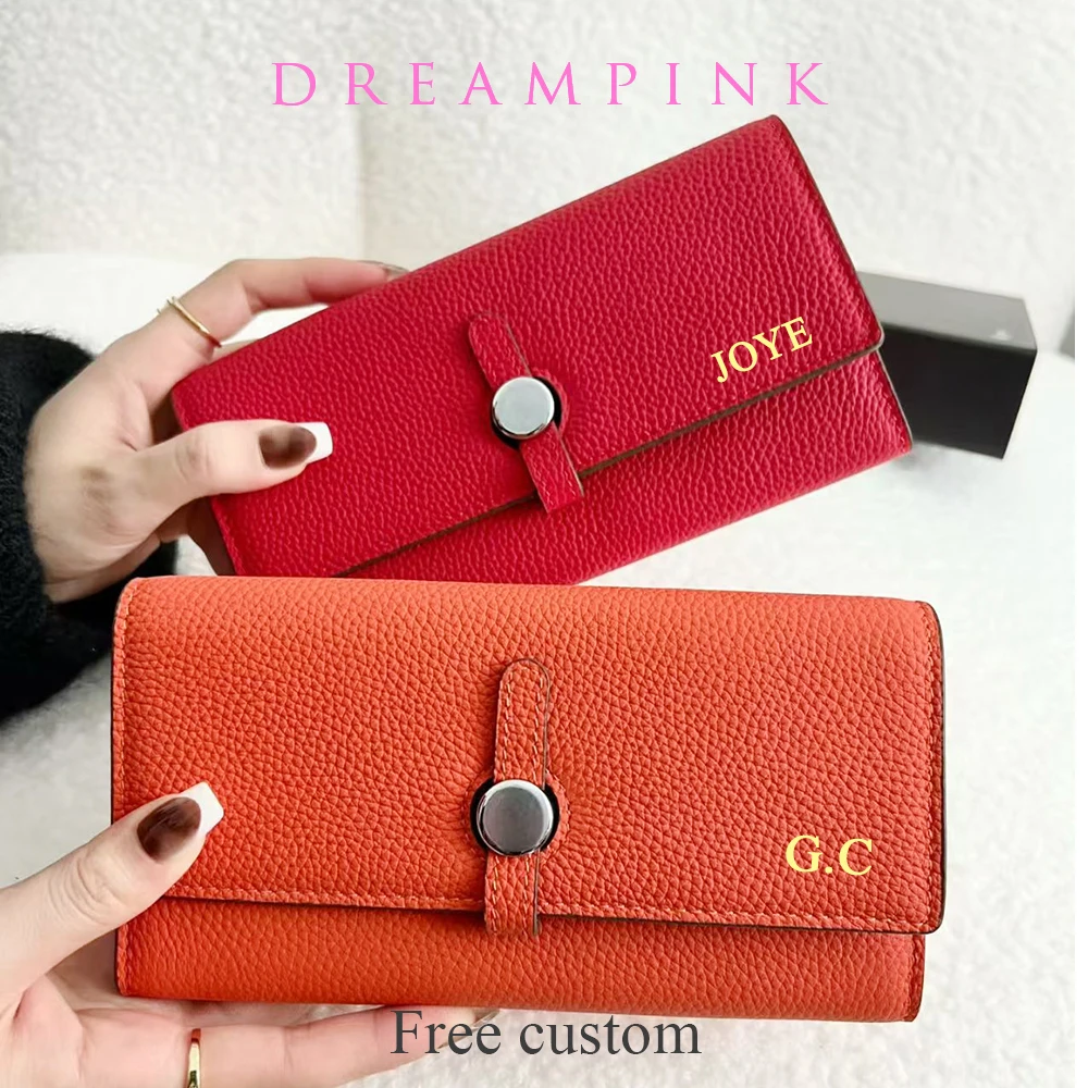 Genuine Leather Long Women Cards Wallet Luxury Designer Custom Name Phone Clutch Wallet Well Organizer Female Business Purse