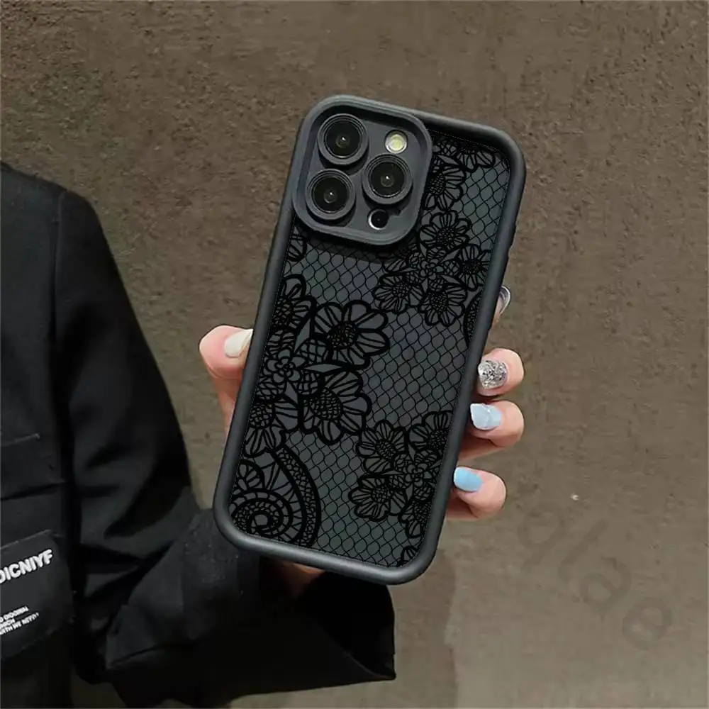 Black Lace Pattern Silicone Case For iPhone 13 11 15 17 12 14 16 Pro Max 17 Air Plus SE Shockproof Soft Protective Cover