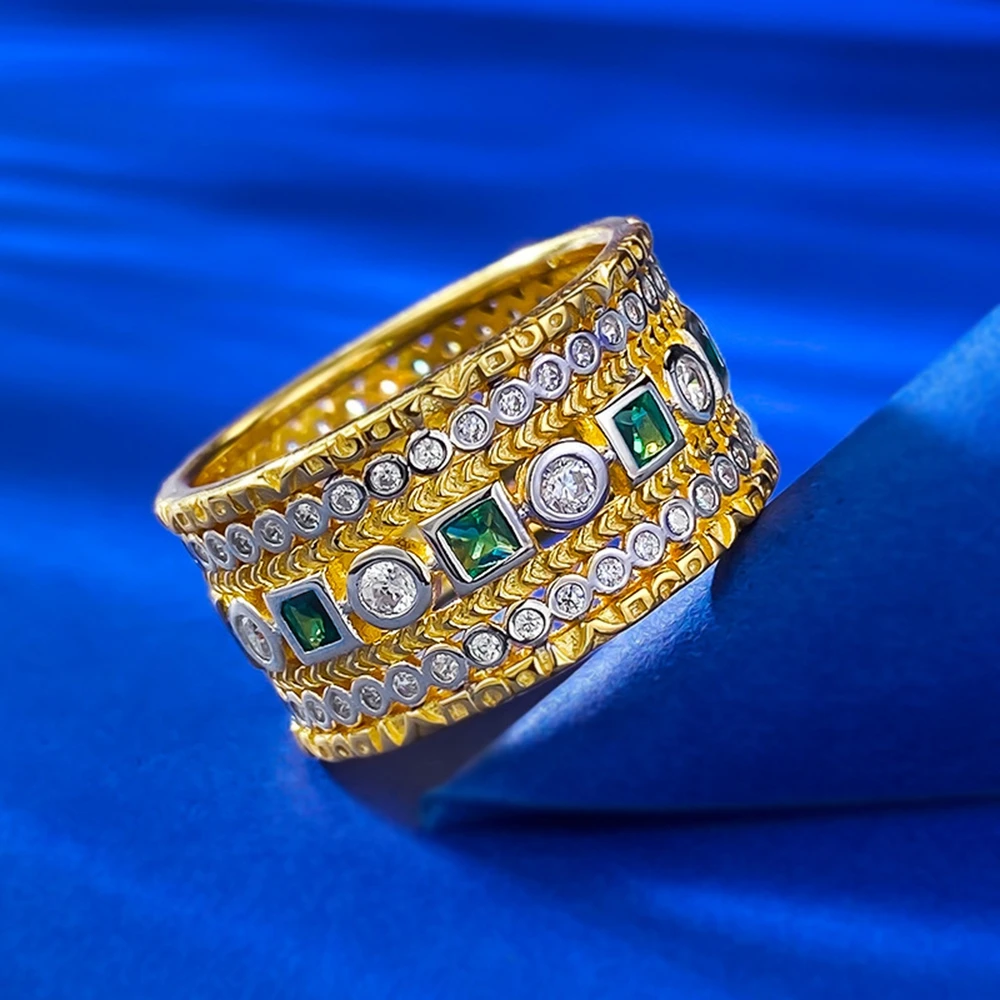 Wong Rain 18K Gold Plated 925 Sterling Silver Emerald High Carbon Diamond Gemstone Bohemia Ring for Women Wedding Party Jewelry