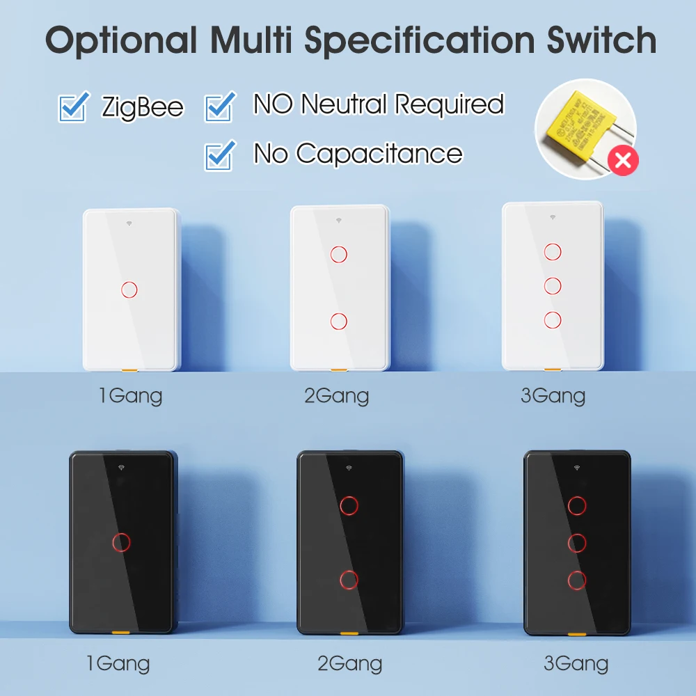 Tuya Zigbee Smart LightTouch Switch No Neutral Wire Wall Magnetic Relay US100-250v Voice App Google Home No Capacitor Required